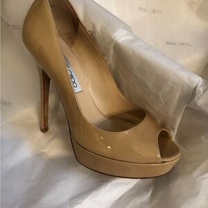 Jimmy Choo Beige Patent Peep Toe Heels